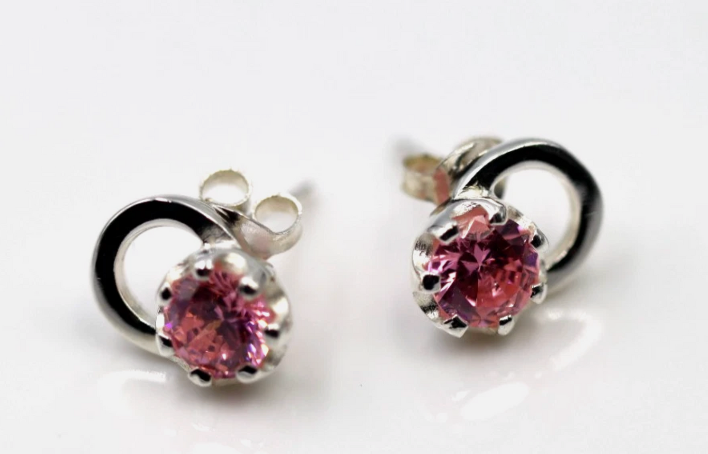 Genuine Sterling Silver 925 Round Pink Crystal Studs Earrings