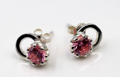 Genuine Sterling Silver 925 Round Pink Crystal Studs Earrings