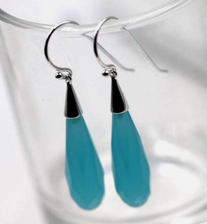 Sterling Silver 925 Briolette Blue Turquoise Obsidian Teardrop Earrings