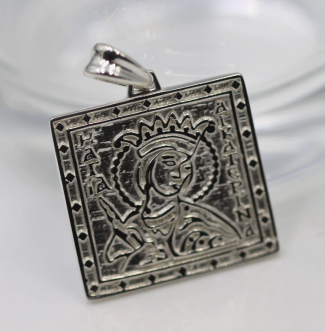 Sterling Silver 925 Saint St Catherine Square Pendant / Charm