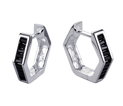Kaedesigns Genuine Sterling Silver 925 Black CZ Hexagon Huggies Earrings