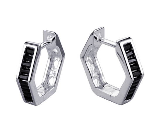 Kaedesigns Genuine Sterling Silver 925 Black CZ Hexagon Huggies Earrings