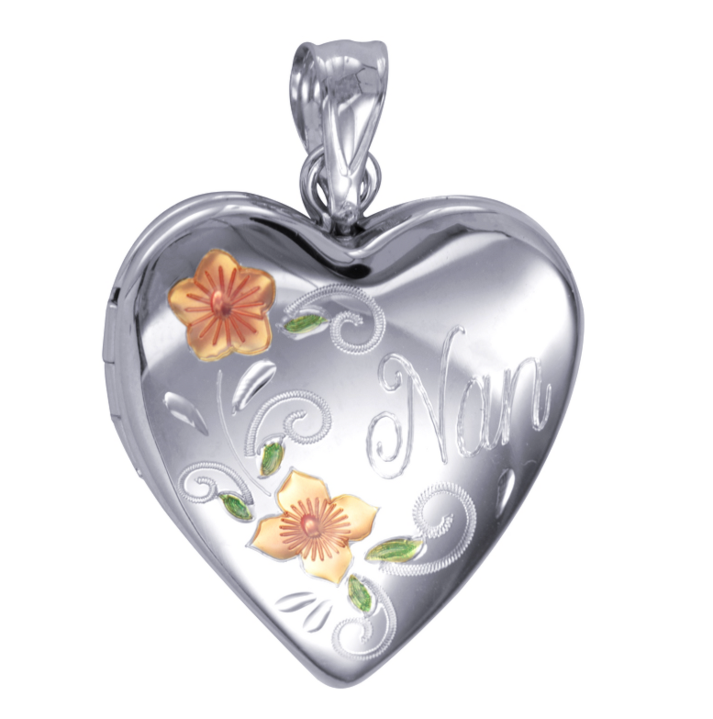 Genuine Sterling Silver Gold Plated or Sterling Silver 20mm ‘Nan’ Heart Locket with Enamel Flower Design Pendant