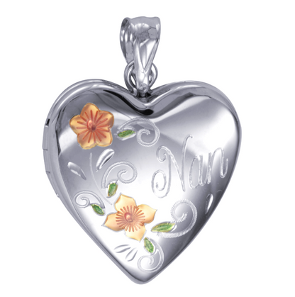 Genuine Sterling Silver Gold Plated or Sterling Silver 20mm ‘Nan’ Heart Locket with Enamel Flower Design Pendant