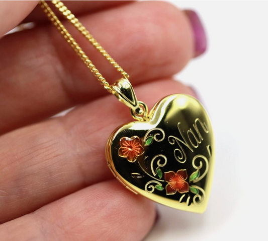 Genuine Sterling Silver Gold Plated or Sterling Silver 20mm ‘Nan’ Heart Locket with Enamel Flower Design Pendant PLUS Necklace