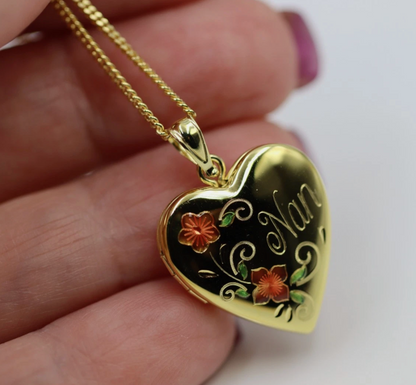 Genuine Sterling Silver Gold Plated or Sterling Silver 20mm ‘Nan’ Heart Locket with Enamel Flower Design Pendant PLUS Necklace