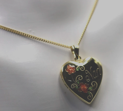 Genuine Sterling Silver Gold Plated or Sterling Silver 20mm ‘Nan’ Heart Locket with Enamel Flower Design Pendant PLUS Necklace