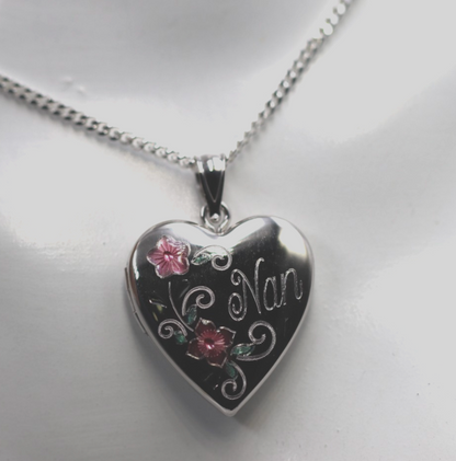 Genuine Sterling Silver Gold Plated or Sterling Silver 20mm ‘Nan’ Heart Locket with Enamel Flower Design Pendant PLUS Necklace