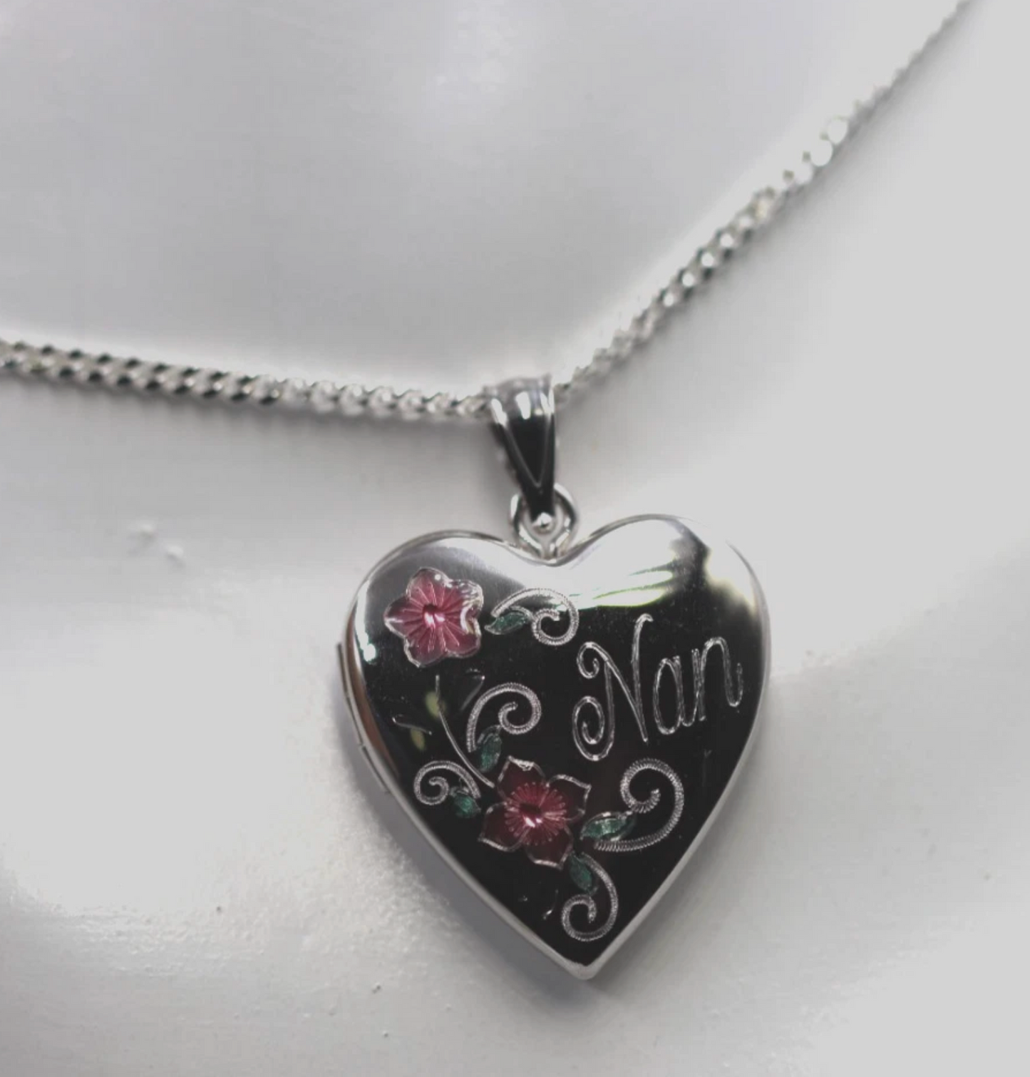 Genuine Sterling Silver Gold Plated or Sterling Silver 20mm ‘Nan’ Heart Locket with Enamel Flower Design Pendant PLUS Necklace