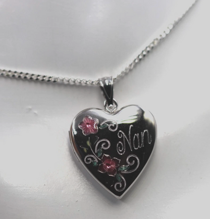 Genuine Sterling Silver Gold Plated or Sterling Silver 20mm ‘Nan’ Heart Locket with Enamel Flower Design Pendant PLUS Necklace