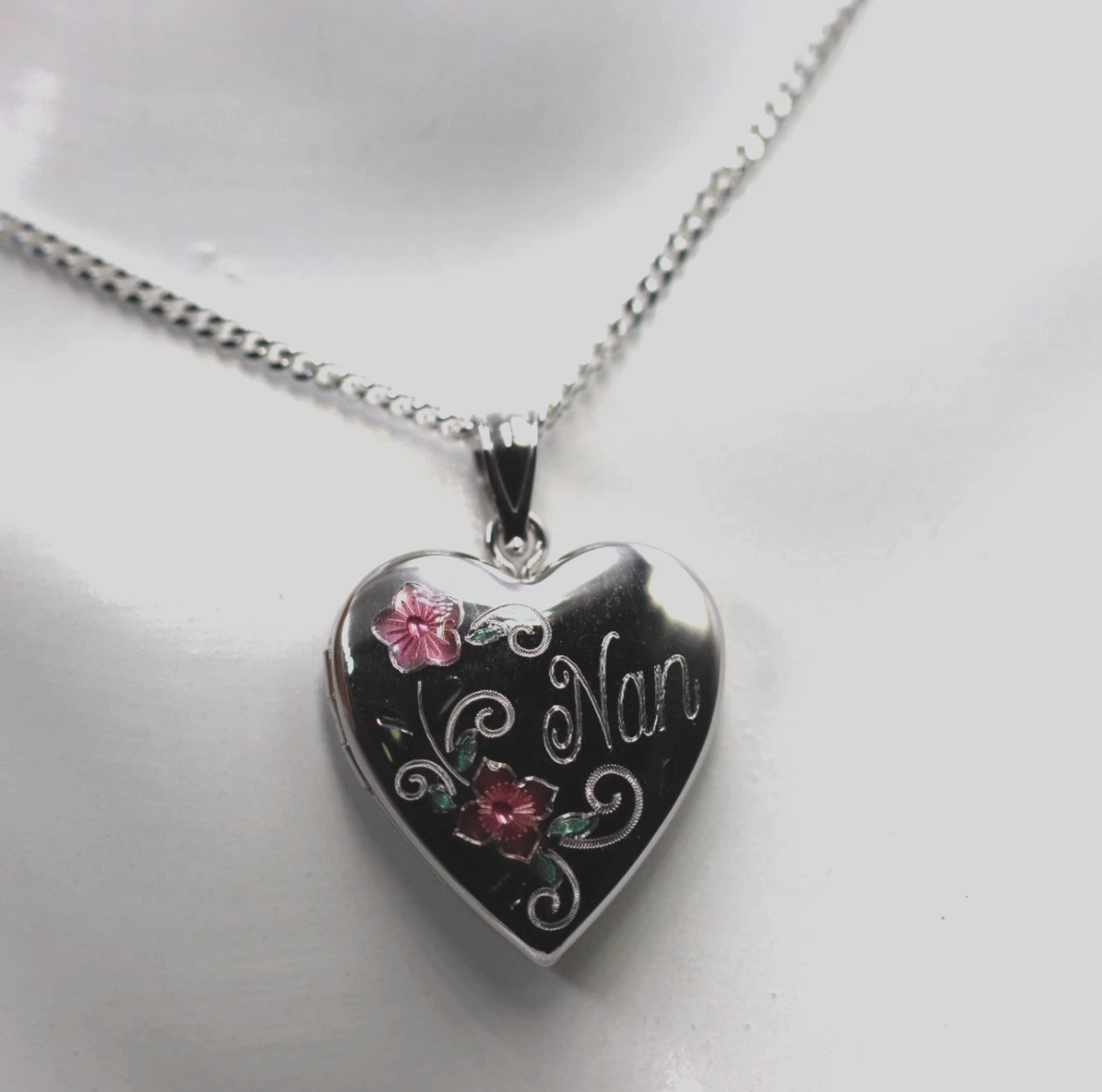 Genuine Sterling Silver Gold Plated or Sterling Silver 20mm ‘Nan’ Heart Locket with Enamel Flower Design Pendant PLUS Necklace