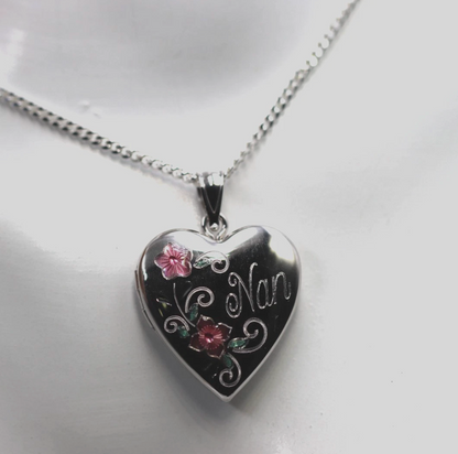 Genuine Sterling Silver Gold Plated or Sterling Silver 20mm ‘Nan’ Heart Locket with Enamel Flower Design Pendant PLUS Necklace