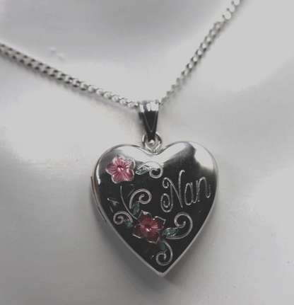 Genuine Sterling Silver Gold Plated or Sterling Silver 20mm ‘Nan’ Heart Locket with Enamel Flower Design Pendant PLUS Necklace