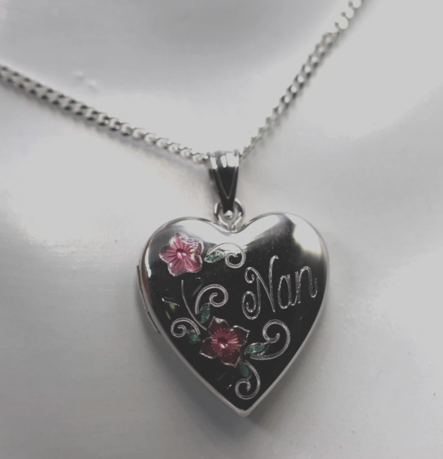 Genuine Sterling Silver Gold Plated or Sterling Silver 20mm ‘Nan’ Heart Locket with Enamel Flower Design Pendant PLUS Necklace