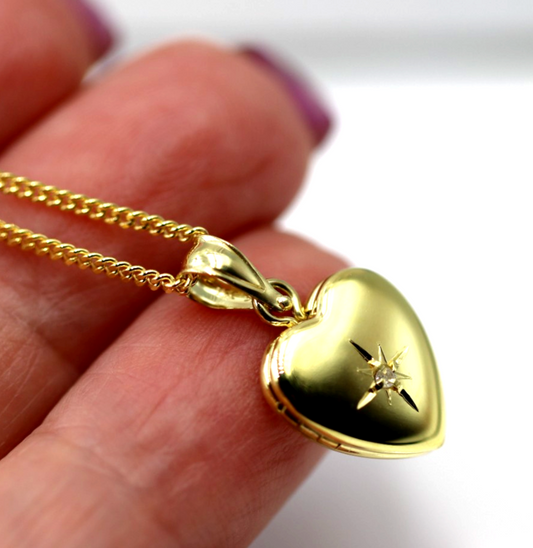 Genuine Sterling Silver Gold Plated or Sterling Silver 12mm 925 Diamond Set Heart Locket Pendant + Necklace