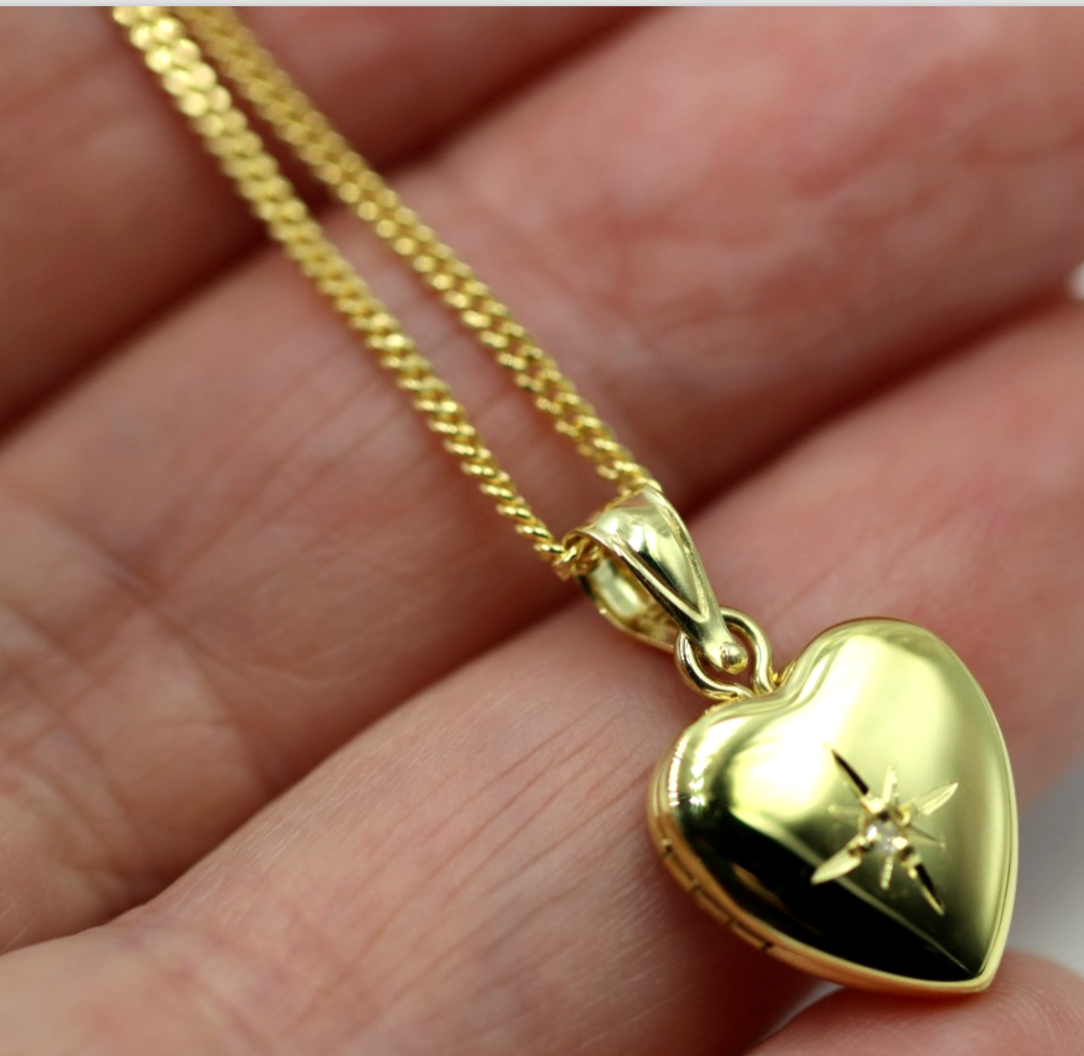 Genuine Sterling Silver Gold Plated or Sterling Silver 12mm 925 Diamond Set Heart Locket Pendant + Necklace
