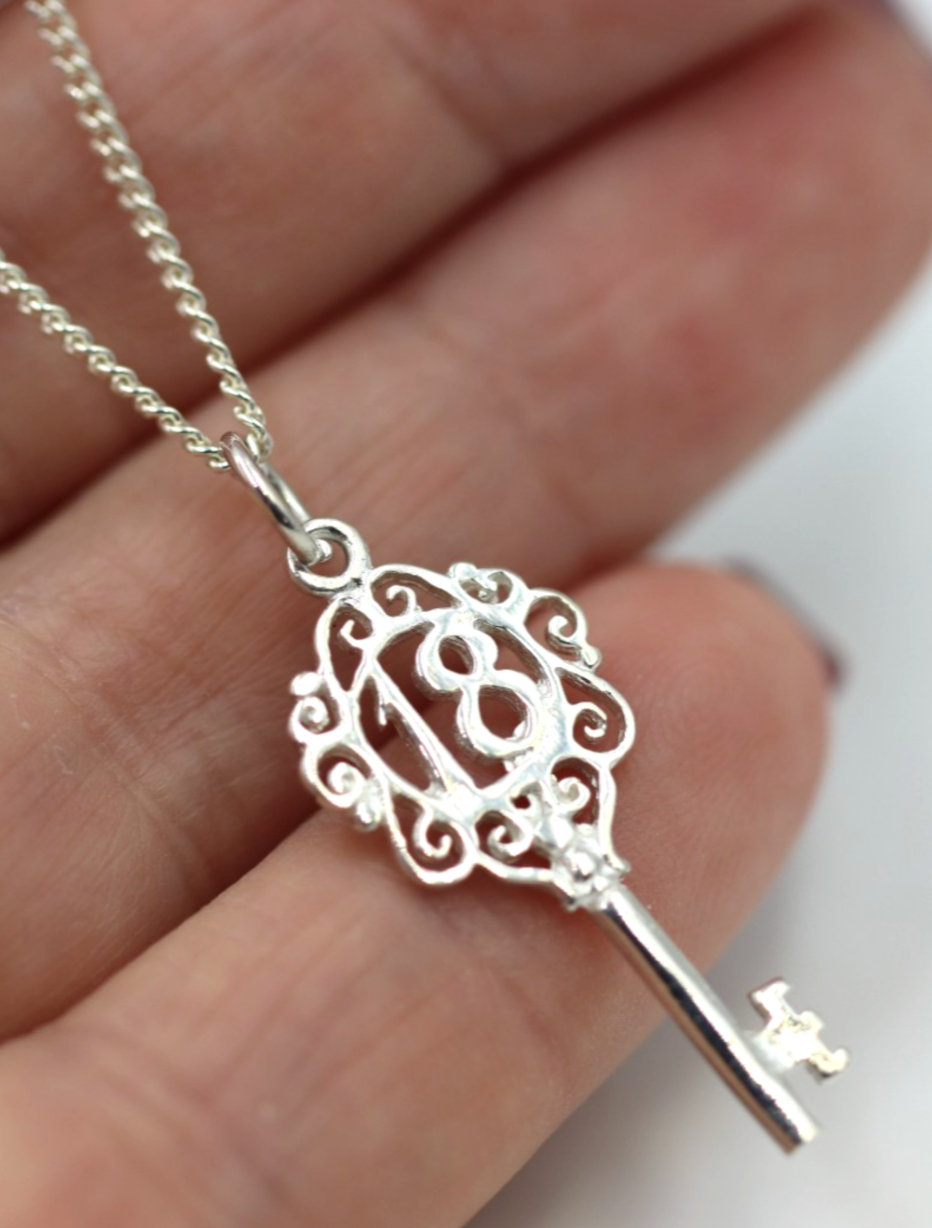 Sterling Silver 925 Small Fancy Key 18th Pendant Or Charm + Necklace