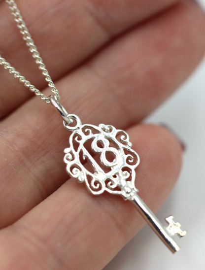 Sterling Silver 925 Small Fancy Key 18th Pendant Or Charm + Necklace