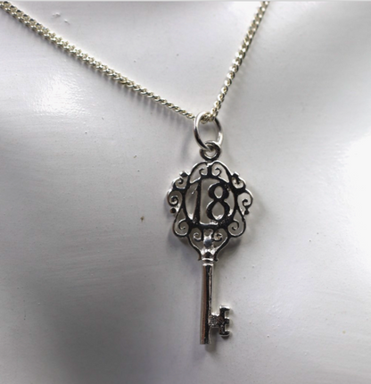 Sterling Silver 925 Small Fancy Key 18th Pendant Or Charm + Necklace