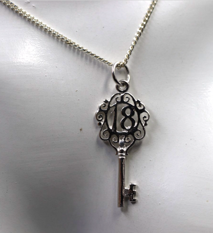 Sterling Silver 925 Small Fancy Key 18th Pendant Or Charm + Necklace