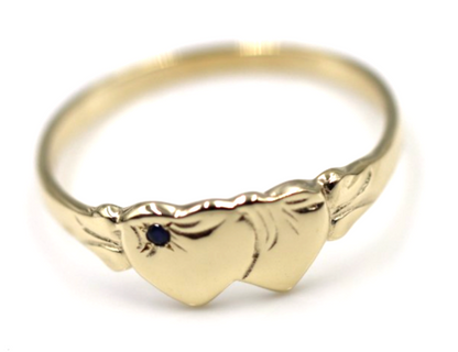 Genuine 9k 9ct Yellow, Rose & White Gold Aust Blue Sapphire Double Heart Signet Ring - Choose your size