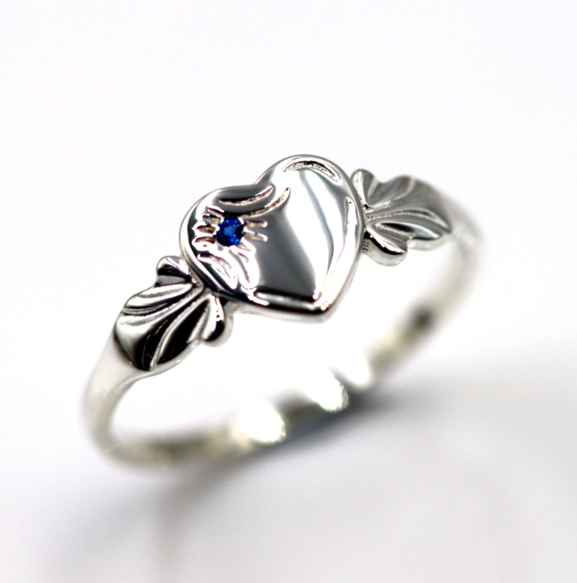 Sterling Silver 925 September Birthstone Heart Signet Ring +  Blue Spinel/Sapphire CZ