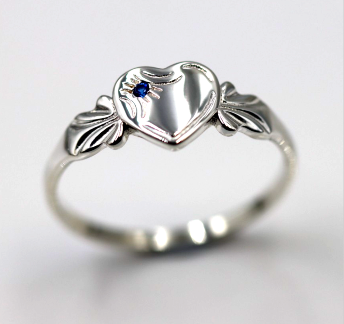 Sterling Silver 925 September Birthstone Heart Signet Ring +  Blue Spinel/Sapphire CZ
