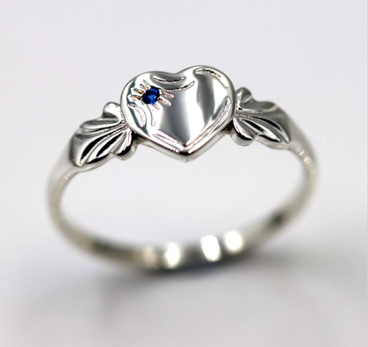 Sterling Silver 925 September Birthstone Heart Signet Ring +  Blue Spinel/Sapphire CZ