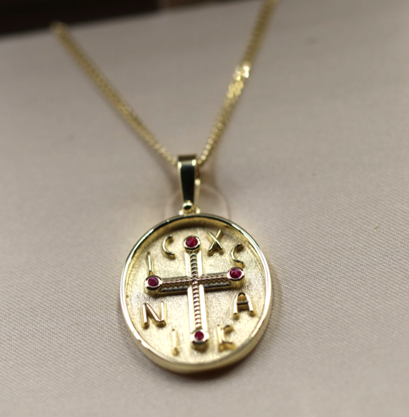 Genuine 18ct 18kt 750 Yellow Gold Byzantine Ruby Cross Pendant