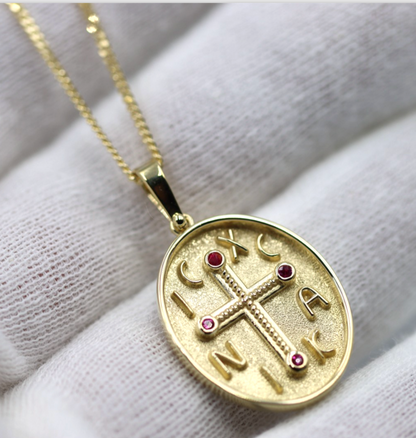 Genuine 18ct 18kt 750 Yellow Gold Byzantine Ruby Cross Pendant