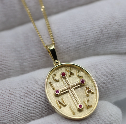 Genuine 18ct 18kt 750 Yellow Gold Byzantine Ruby Cross Pendant