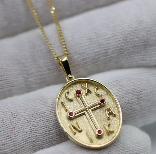 Genuine 18ct 18kt 750 Yellow Gold Byzantine Ruby Cross Pendant