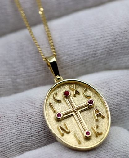 Genuine 18ct 18kt 750 Yellow Gold Byzantine Ruby Cross Pendant