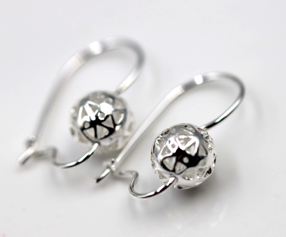 Genuine Sterling Silver 925 8mm Filigree Euro Ball Earrings