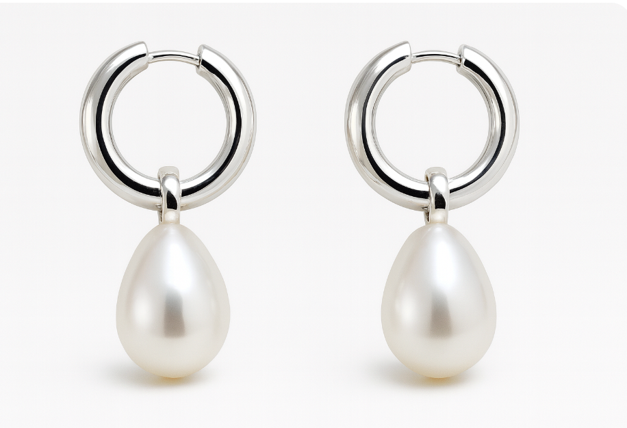Sterling Silver 925 Oval Freshwater Cultured Pearl Huggies Earrings