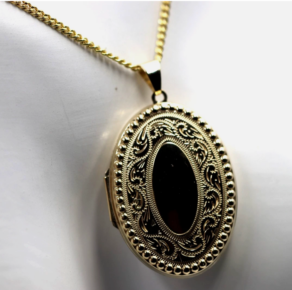 Locket Border Genuine 9ct Yellow or Rose 375 Gold Engraved Border Oval Locket + 50cm ...