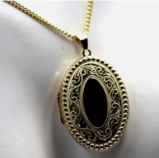 Genuine 9ct Yellow or Rose 375 Gold Engraved Border Oval Locket + 50cm Necklace Chain