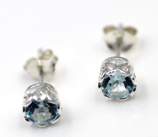 Genuine Sterling Silver 925 5mm Natural Blue Topaz Filigree Bezel Studs Earrings