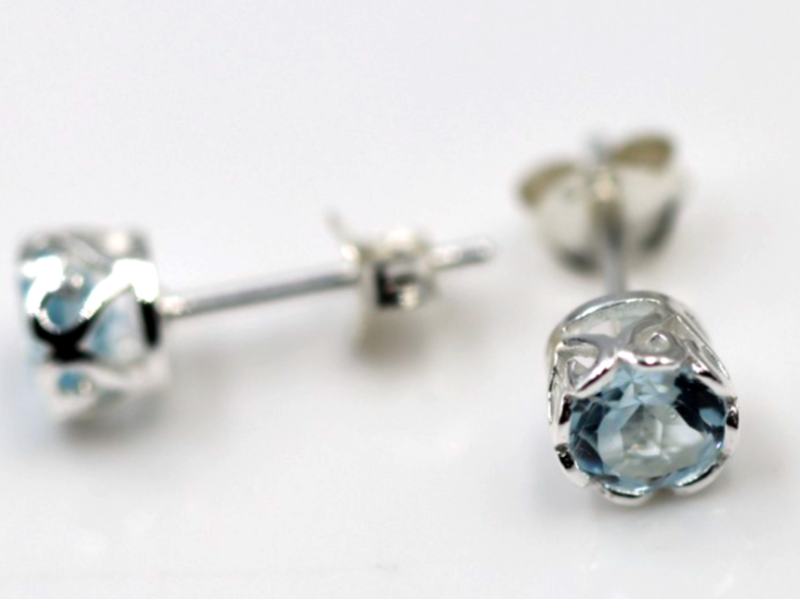 Genuine Sterling Silver 925 5mm Natural Blue Topaz Filigree Bezel Studs Earrings