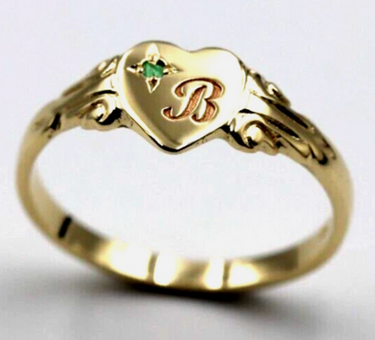 Kaedesigns Genuine 9ct Yellow, Rose or White Gold Green Emerald Heart Signet Ring + Engraving