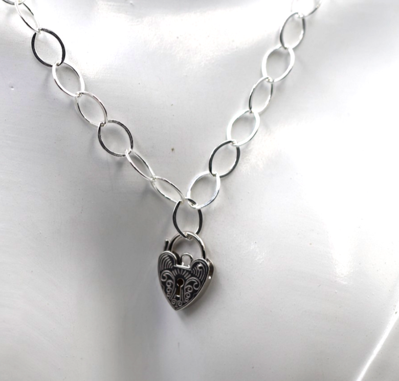 Sterling Silver 925 Flat Oval Links Necklace Chain + Heart