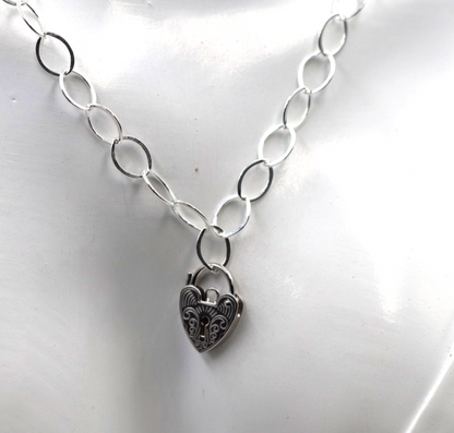 Sterling Silver 925 Flat Oval Links Necklace Chain + Heart