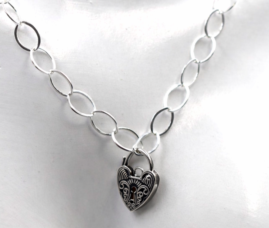 Sterling Silver 925 Flat Oval Links Necklace Chain + Heart