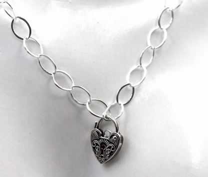 Sterling Silver 925 Flat Oval Links Necklace Chain + Heart
