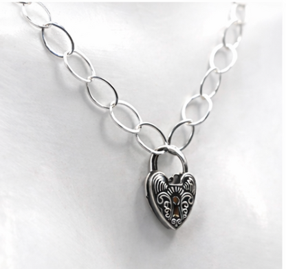 Sterling Silver 925 Flat Oval Links Necklace Chain + Heart
