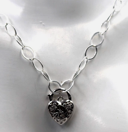 Sterling Silver 925 Flat Oval Links Necklace Chain + Filigree Heart