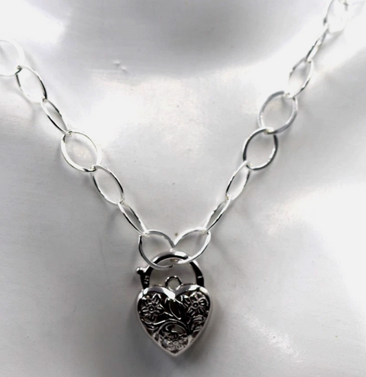 Sterling Silver 925 Flat Oval Links Necklace Chain + Filigree Heart