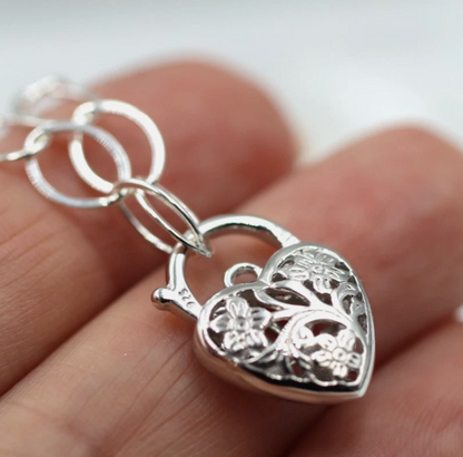 Sterling Silver 925 Flat Oval Links Necklace Chain + Filigree Heart