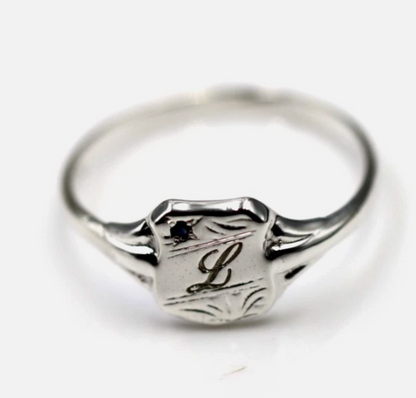 Genuine Small Sterling Silver 925 Shield Signet Ring + Blue Sapphire Engraving