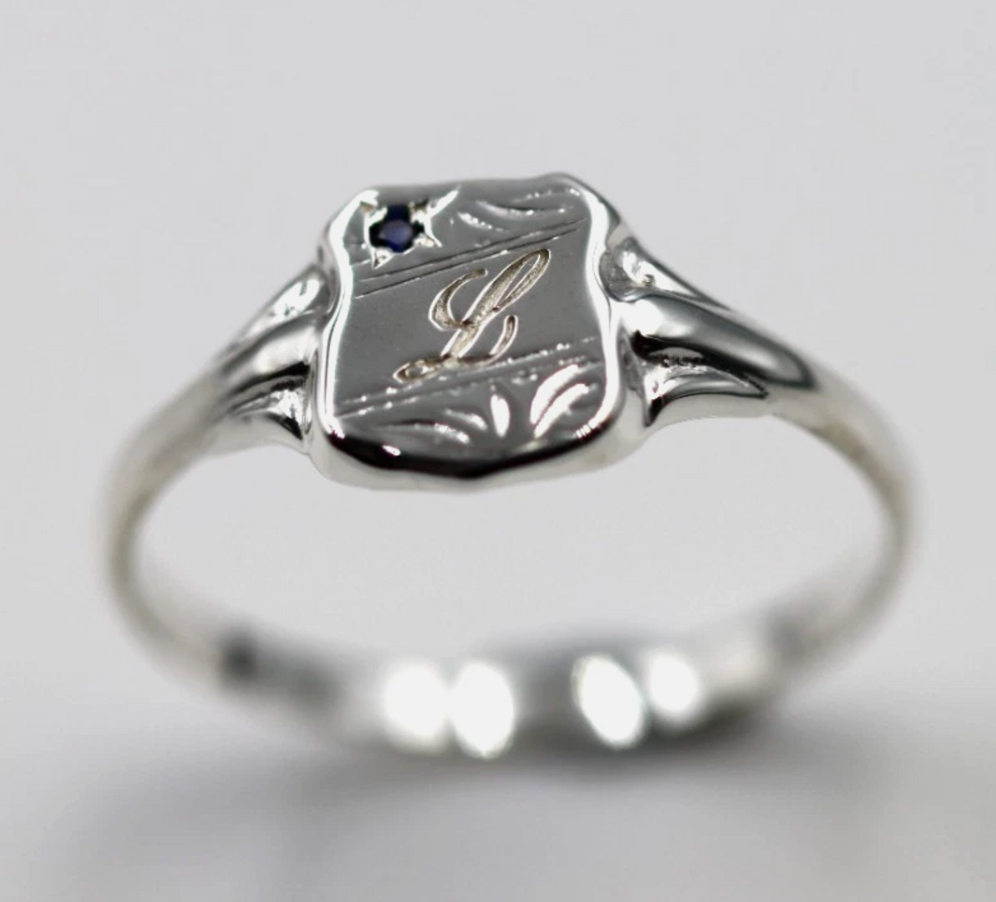 Genuine Small Sterling Silver 925 Shield Signet Ring + Blue Sapphire Engraving